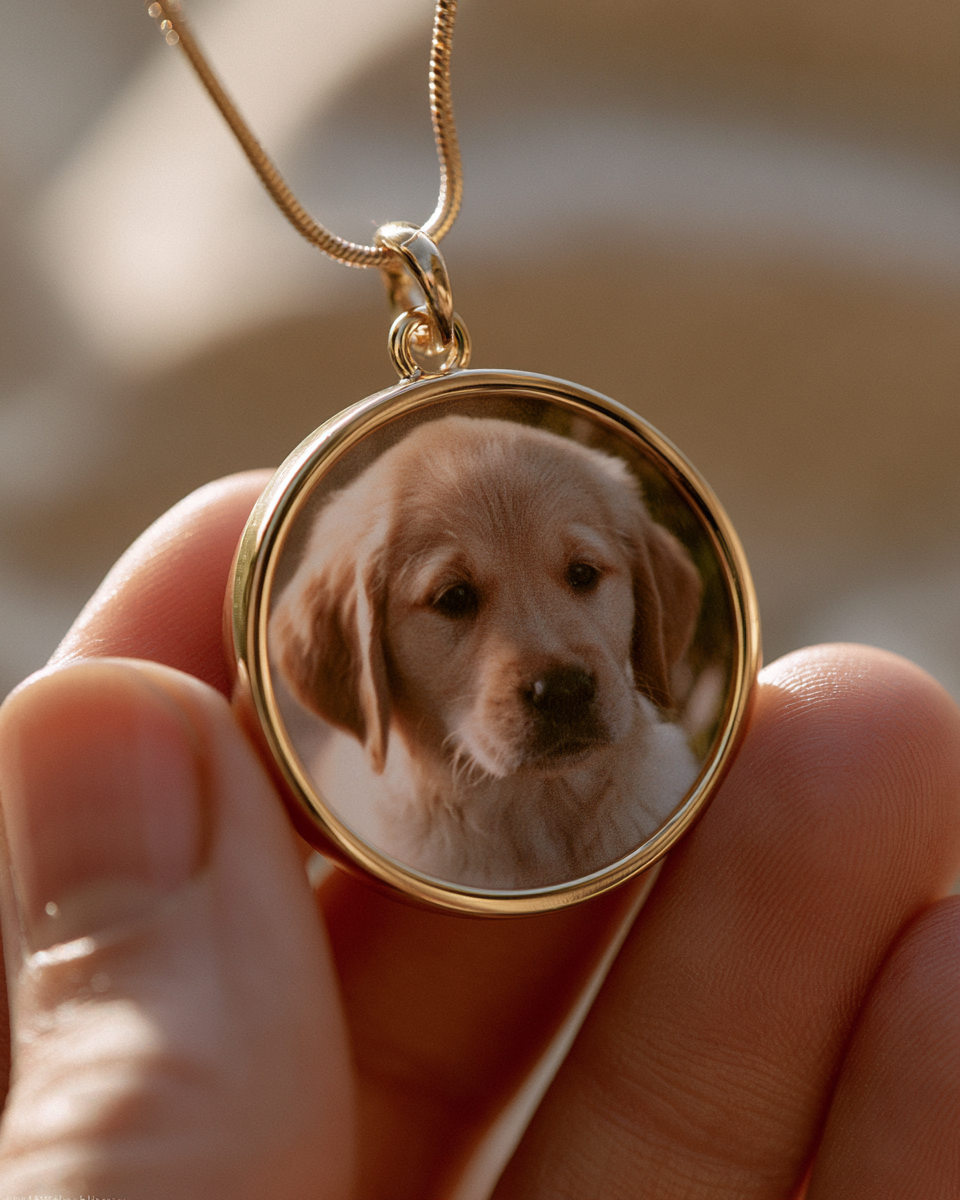 Hand holding pendant with puppy